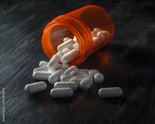 Spilled White Capsules from Orange Pill Bottle on Dark Wood Surface