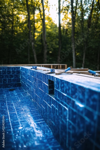 Blue Pool Tiles Under Construction in a Wooded Area
