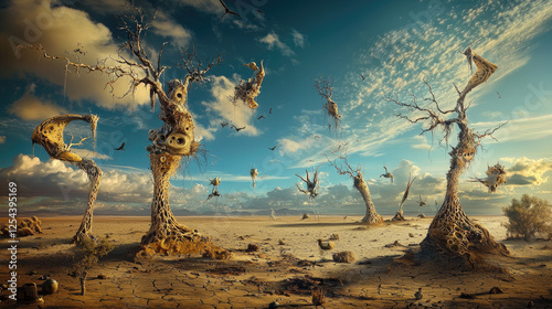 Surreal landscape with distorted trees and floating debris under a dramatic sky at dusk