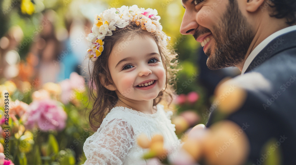 Obraz premium Joyful Easter Sunday celebration in a blooming garden with a father and daughter enjoying precious moments together