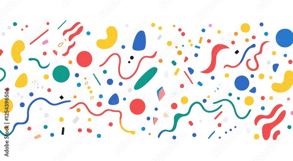 Colorful abstract shapes and lines on white background.