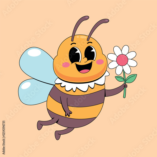 Cute bee holding white flower cartoon