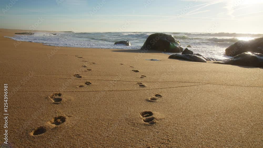Human footprints in the sand of a beach in Portugal at sunrise. Low angle Human footprints in the sand of a beach in Portugal at sunrise. Low angle