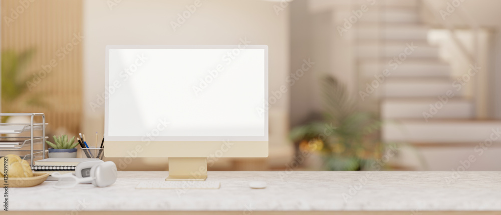 A computer with a blank screen mockup on a desk set in a contemporary living room. A computer with a blank screen mockup on a desk set in a contemporary living room.