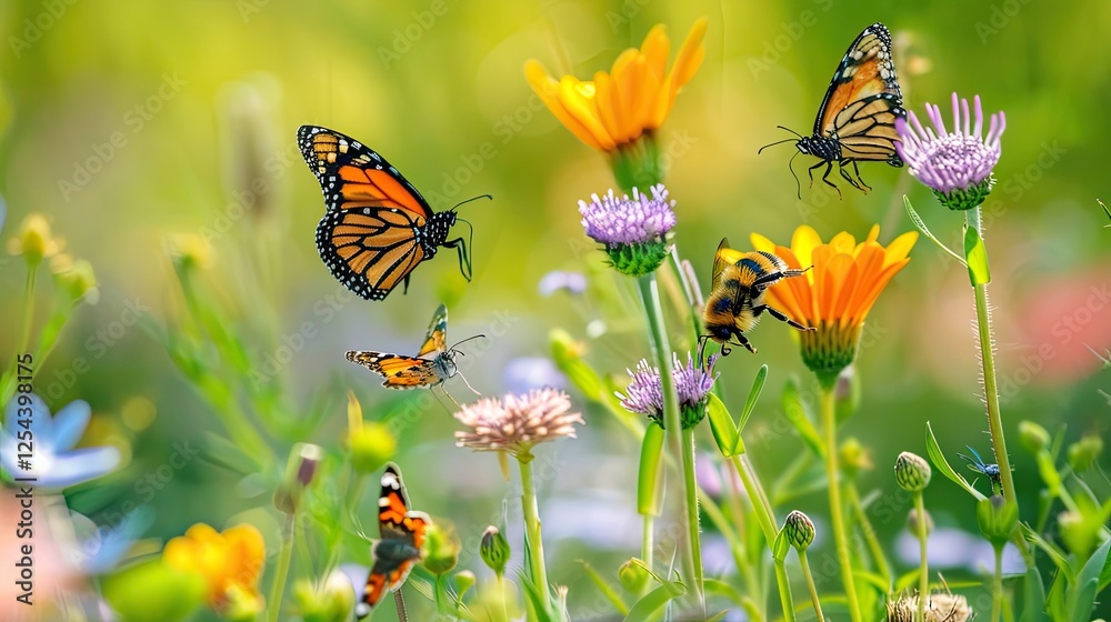 A close-up of bees and butterflies pollinating flowers A close-up of bees and butterflies pollinating flowers