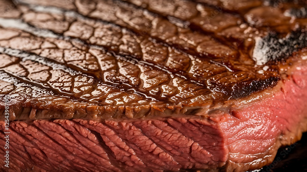 Fototapeta premium Grilled Steak Juicy, Rare, Seared, Delicious, Browned, Marbled, Red Meat, Texture, Flavor