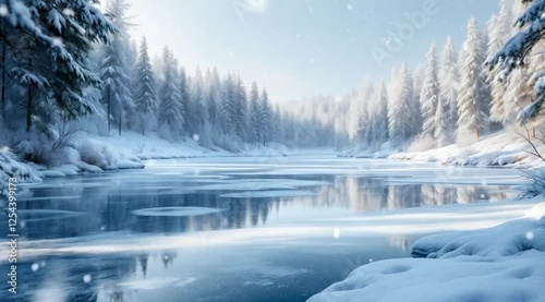 Frozen lake in snowy forest; winter wonderland; serene nature scene; calendar, postcard