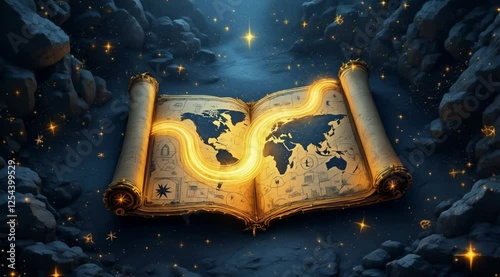Glowing map path on ancient book, fantasy adventure, dark background, travel concept