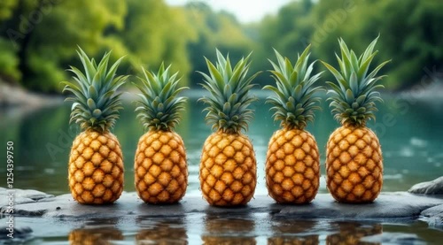 Five pineapples by river, lush background, summer refreshment