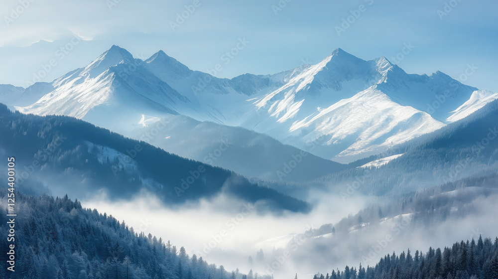 Majestic snow-capped mountains bathed in warm morning sunlight, with a thin mist creating a peaceful and grand atmosphere Majestic snow-capped mountains bathed in warm morning sunlight, with a thin mist creating a peaceful and grand atmosphere