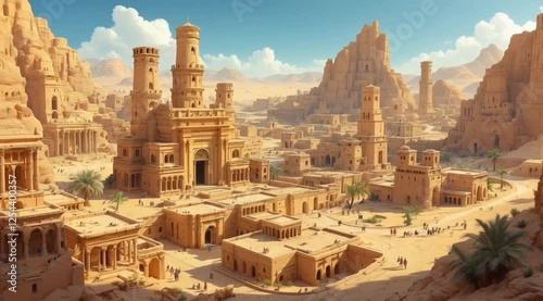 Desert city, ancient architecture, bustling market, sandstone landscape, fantasy setting, game design
