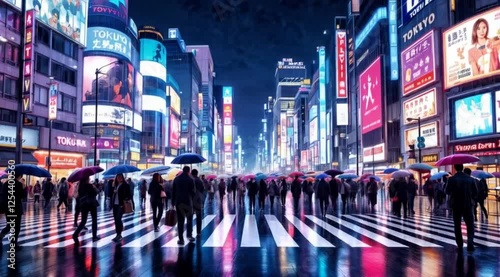 Rainy night in Tokyo, bustling street, vibrant lights, people with umbrellas, urban scene, for travel or city life advertising