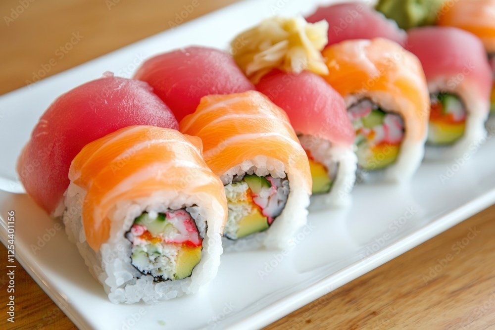 Colorful sushi rolls arranged neatly on a plate with ginger and wasabi in the background Colorful sushi rolls arranged neatly on a plate with ginger and wasabi in the background