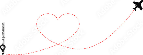 Heart shaped flight path airplane taking off on a journey of love. Love travel routes.