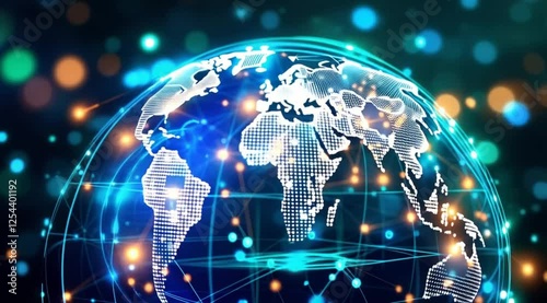 Global network connection, digital world map, data flow, technology background, website header