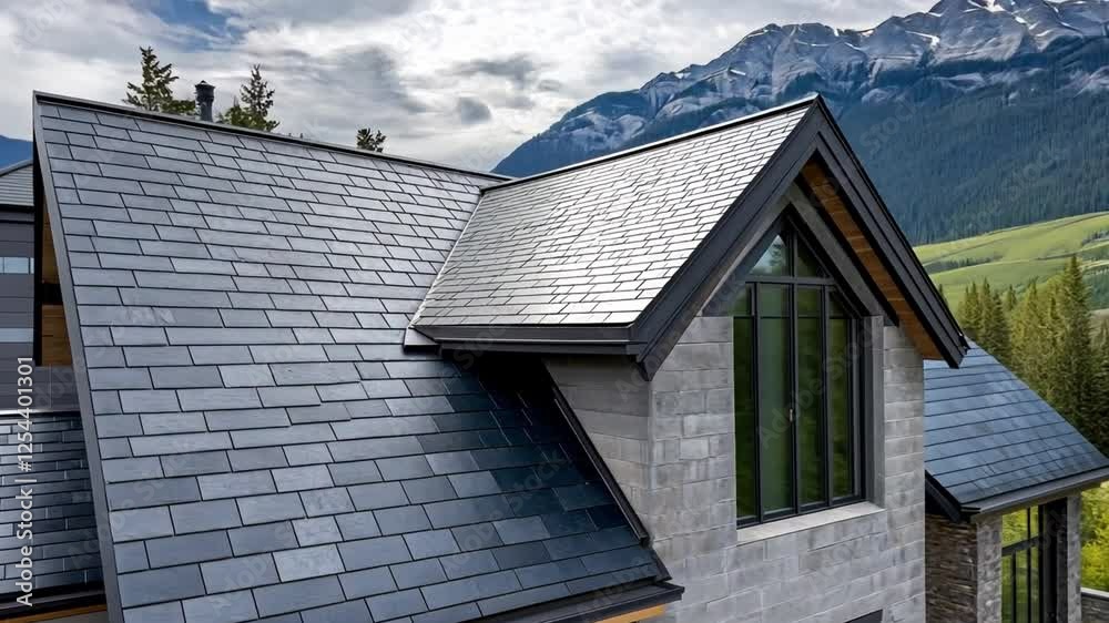 Modern Slate Roof: A close-up of a meticulously crafted slate roof on a contemporary home. The sleek grey tiles create a sophisticated and timeless aesthetic. Modern Slate Roof: A close-up of a meticulously crafted slate roof on a contemporary home. The sleek grey tiles create a sophisticated and timeless aesthetic.