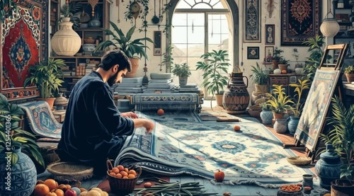 Artisan inspecting carpet, sunlit studio, plants, fruit. Use Home decor, design