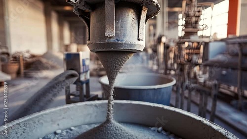 Industrial Precision: A close-up shot captures the moment liquid cement flows from a high-tech industrial machine into a large container, a testament to the intricate processes that shape our world.
