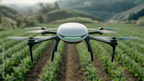 futuristic agricultural drone flying over green crops, enhancing farming efficiency photo