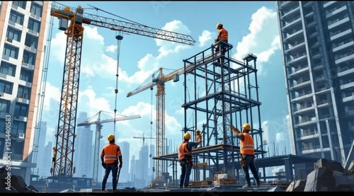 Construction workers building skyscraper; city skyline background; for real estate ads