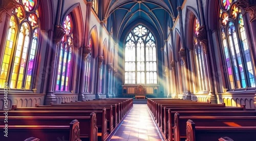 Sunlit church interior, stained glass, pews, peaceful worship