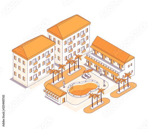Relaxation in a hotel with a swimming pool - vector isometric illustration