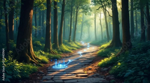 Magical forest path sunrise; fantasy game background