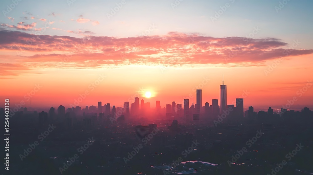 Fototapeta premium City Skyline Sunset Orange Hues Dramatic View