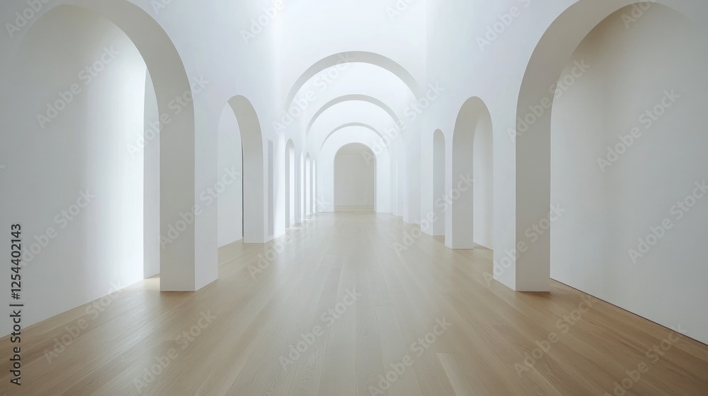 Fototapeta premium Modern white arched hallway, light wood floor, gallery background. Use Interior design