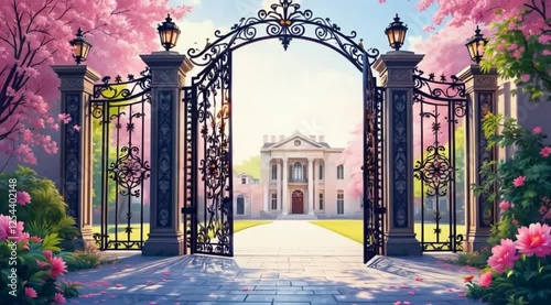 Spring mansion gate entrance, blooming trees, sunny day, idyllic scene, home design