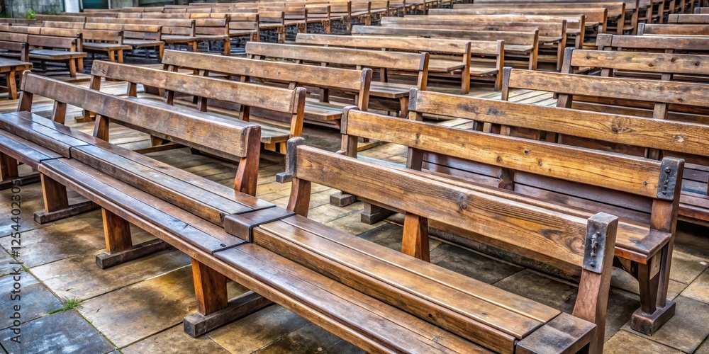 Rows of worn and weathered wooden benches stretch out before an empty dais Rows of worn and weathered wooden benches stretch out before an empty dais