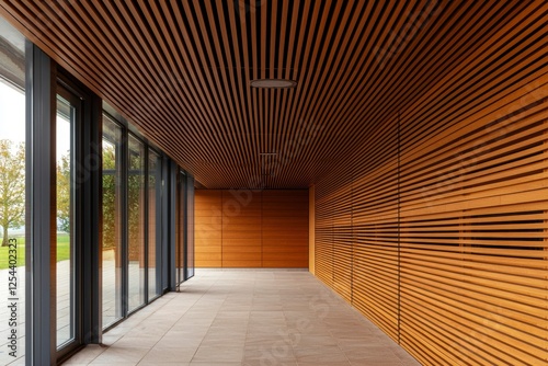 Modern interior of a spacious room featuring wooden slat walls and large glass windows