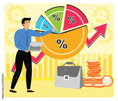 Financial Report. Reviewing investment portfolio with Charts, Coins, and Graph Elements.