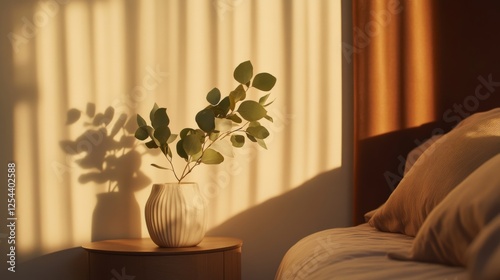 58.A tranquil corner showcasing a eucalyptus branch in a simple ceramic vase, positioned on a bedside table with a backdrop of a plush bed layered with soft pillows, luxurious bedding, and a brown