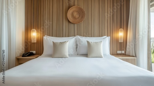 42.A stylish guest room interior featuring a double bed with clean white linens, soft decorative pillows in pastel colors, and minimalistic decor for a serene and comfortable ambiance.