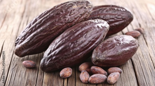 Wallpaper Mural Cacao pods and beans are displayed on wood, highlighting their rich texture and color Torontodigital.ca