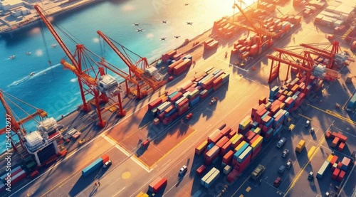 Busy port, sunrise, cargo ships, global trade, logistics