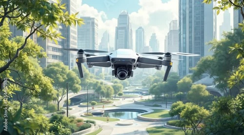 Drone flying over city park, aerial view