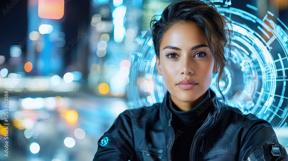 Obraz premium Futuristic woman in sleek jacket with digital background