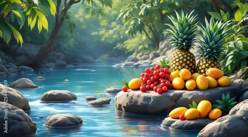 Tropical riverbank fruit still life; mangoes, pineapples, cherries