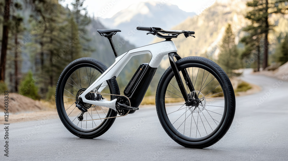 Futuristic self charging solar powered bicycle in scenic landscape Futuristic self charging solar powered bicycle in scenic landscape