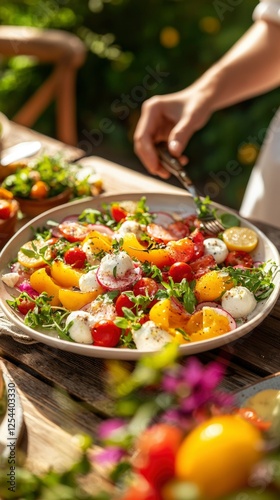 Fresh summer salad with colorful ingredients being served outdoors in a vibrant garden setting