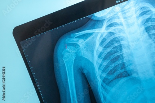 Chest X-ray photo image of a child on blue background