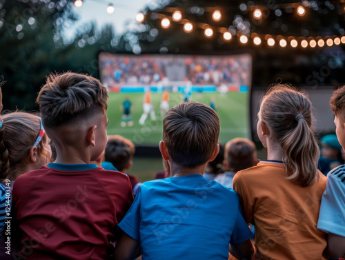 Outdoor Movie Night: A group of kids huddle together, captivated by a projected film of a thrilling soccer match.