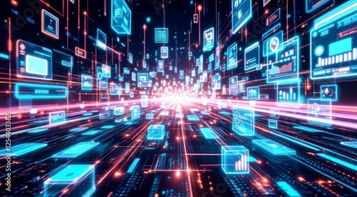 Digital data stream, futuristic highway, glowing information, technology background, website banner