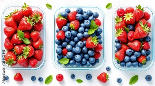 Fresh berries in containers; strawberries, blueberries, raspberries; white background; healthy food