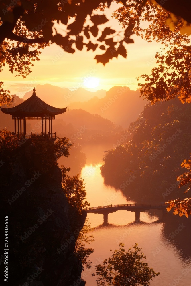 Serene sunset view over a tranquil river with a traditional pavilion and distant mountains Serene sunset view over a tranquil river with a traditional pavilion and distant mountains