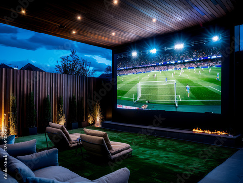 Outdoor Movie Night: A luxurious backyard movie setup with a large projector screen showing a thrilling sports match, complete with plush loungers, green turf, and a cozy ambiance.