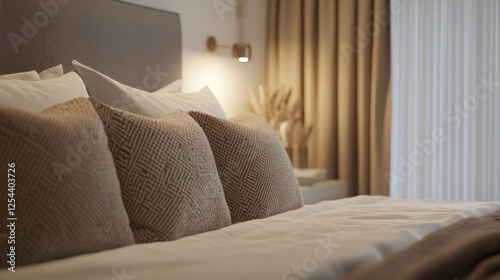 39.A modern motel guest room featuring a perfectly arranged double bed with crisp white linens, accented by patterned throw pillows and a neutral-toned wall backdrop.