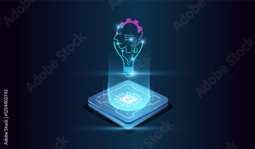 The abstract of Artificial intelligence brain of digital brain system at the center represents computational power, and glowing from microchip.